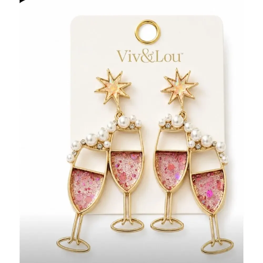 Viv & Lou Gold Champagne Glasses Pearl Earrings New